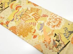 アンティーク　扇に屋敷風景・草花模様織り出し丸帯（着用可）